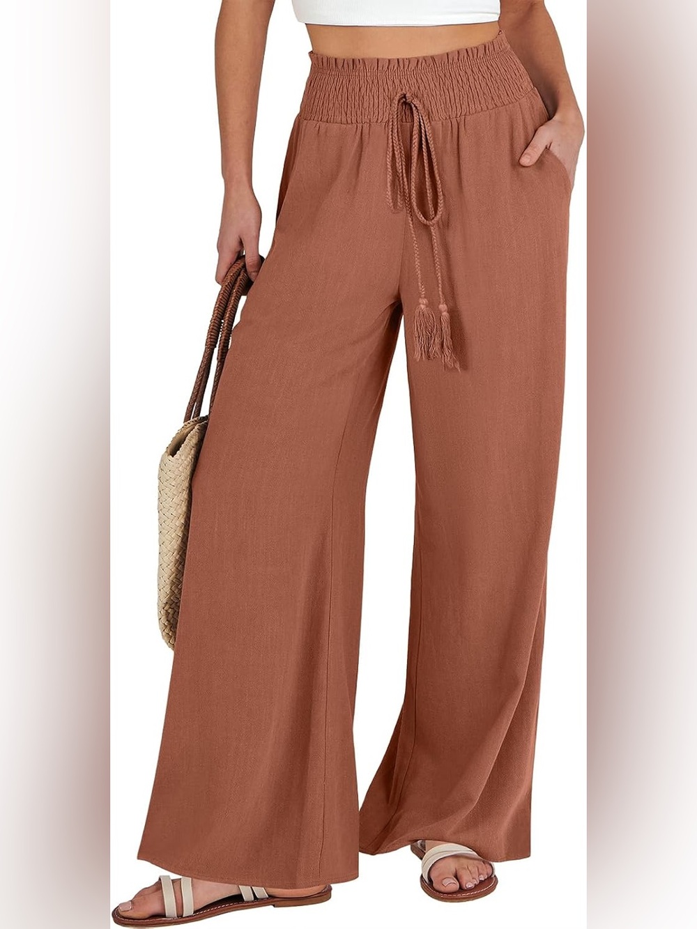 🤎 ANRABESS Rust Linen Blend Wide Leg Palazzo Pants Small